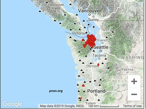 Several hundred tiny tremors, marked by the red circles, were recorded between Victoria and Seattle on March 11 and 12, 2019.