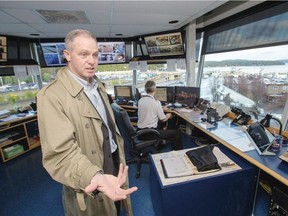 Mark Collins, president and CEO of B.C. Ferries, discusses operations in the control tower at the corporation's Swartz Bay terminal in March 2019.