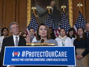 FILE - In this March 26, 2019 file photo, Speaker of the House Nancy Pelosi, D-Calif., joined at left by Energy and Commerce Committee Chair Frank Pallone, D-N.J., speaks at an event to announce legislation to lower health care costs and protect people with pre-existing medical conditions, at the Capitol in Washington. If former President Barack Obama's health law is struck down entirely, Congress would face an impossible task: pass a comprehensive health overhaul to replace it that both Speaker Nancy Pelosi and President Donald Trump can agree to. The failed attempt to repeal "Obamacare" in 2017 proved to be toxic for congressional Republicans in last year's midterm elections and they are in no mood to repeat it.