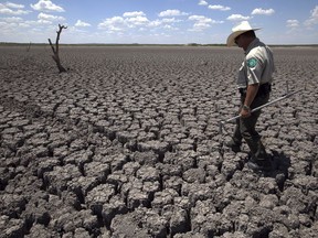 FILE - In this Aug 3, 2011 file photo, Texas State Park police officer Thomas Bigham walks across the cracked lake bed of O.C. Fisher Lake, in San Angelo, Texas. The impacts of record-breaking heat and years of low or no rainfall can be felt years after a dry spell passes.