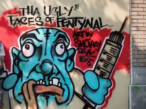 Urban artist Smokey Devil's work is prominent in the alleys of Gastown and the Downtown Eastside, most of them pleading with locals to take care of themselves in the wake of Fentanyl overdoses.