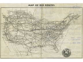 A 1939 map of bus routes linked to Pacific Stage Lines in British Columbia. The map appears on the back of a 1939 travel itinerary for William Radcliffe, who took the bus from New Westminster to New York, and then a ship from New York to Britain, so he could sign up with the Royal Air Force. For John Mackie [PNG Merlin Archive]