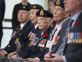 Canadian veterans attend a dedication ceremony at VIA Rail's Pacific Central station in Vancouver, where a pair of combat boots was loaded on a train, bound for Halifax, to honour veterans of D-Day 75 years ago.