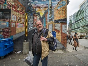 Joseph Lynch, 67, is homeless in Vancouver on March 13. Lynch says he has been trying for more than a year to get a home in a temporary modular-housing unit so he can stop sleeping in shelters.