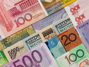 American,  Us,  Canadian, Australian  Dollar, Euro, Japanese Yen, and Chinese Yuan banknote Stock image to go with Gord Hoekstra story. Getty Images/iStockphoto. [PNG Merlin Archive]