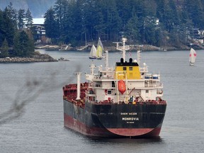 Oil tanker Chem Helen sits on the water near the Barnet Marine Park, in Burnaby, BC., March 23, 2019.