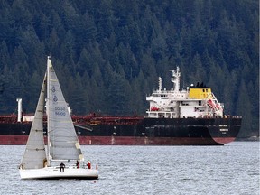 A tanker and yacht off Barnet Marine Park, in Burnaby, B.C. A kayaker drowned close to this site on March 28, 2019.