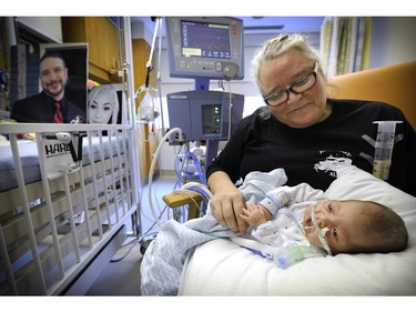 Vancouver   B.C.  March 10, 2016  Getting stronger in his new life  10 week old baby Sal Smaaslet,   looks out from his great Aunts arms Rose Horan-Pachota,   where the young boy was born premature,  after his mother Breanne died after losing her battle with cancer in Surrey Hospital on March 10, 2016. The baby boys father Adam,   also died suddenly.  living the baby in loving care of his great Aunt on  March 10, 2016.     Mark van Manen /PNG Staff photographer   see Peter Darbyshire  Province /News Features /and Web. stories.    00042173A