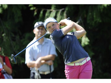 August 17, 2015   Canadian teen Brooke Henderson 17, smiles and yawns during charity tournament today at the 2015 Canadian Pacific Women's Open at the Vancouver Golf club in Coquitlam B.C. on August 17, 2015.   Henderson often yawned between shots after a big day winning her first LPGA tournament in Portland, U.S.A.          Mark van Manen /PNG Staff photographer    see  Vancouver Sun News / Sports / Brad Ziemer Sports [PNG Merlin Archive]
