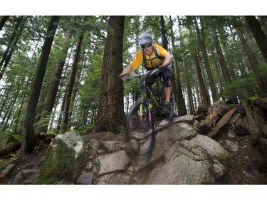 Reporter John Colebourn, who passed away in 2018, navigates his way in and around the dramatic surrounding of the Seymour mountain bike trails in 2016.