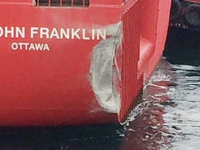 The Sir John Franklin, built for the Canadian Coast Guard, suffered a dent when it hit the Ogden Point breakwater. March 22, 2019.