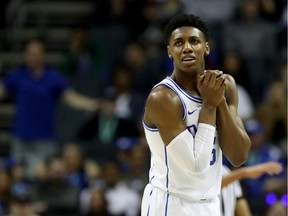 Canadian R.J. Barrett of the Duke University Blue Devils reacts against the Florida State Seminoles during the championship game of the 2019 men's ACC tournament at Spectrum Center on March 16, 2019 in Charlotte, N.C.