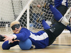 Brendan Gaulin blocks a shot for Quebec at the 2008 Canadian Blind Sports National Goalball Championship. These days he plays for the Vancouver Goalball Club and national team.
