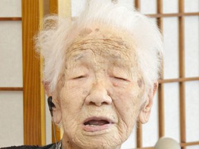In this July 27, 2018, photo, Japan's oldest living female Kane Tanaka speaks in Fukuoka, southwestern Japan. The 116-year-old Japanese woman who loves playing the board game Othello is being honored as the world's oldest living person by Guinness World Records on Saturday, March 9, 2019. (Kyodo News via AP)