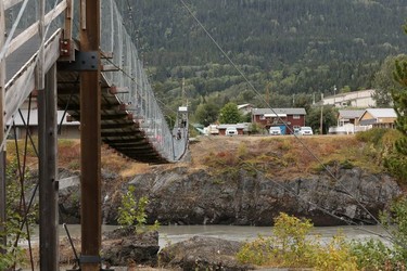 A suspension bridge over the Nass River in seen in Gitwinksihlkw (Canyon City) in northwestern British Columbia on Saturday, Sept. 1, 2018. The bridge, first erected 400 years ago, was once the only land access to the Nisga'a town.