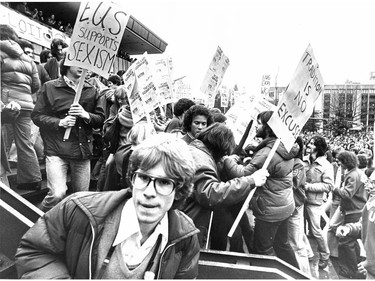 Photographer Mark van Manen (foreground) covered a 1978 protest against the UBC engineering students' Lady Godiva Ride.