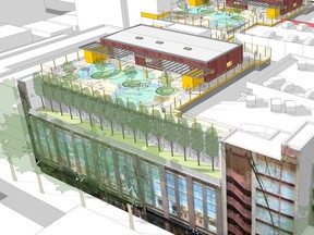 Renderings of a proposed childcare facility for the roof of a parking garage in Gastown. From a Vancouver city staff report. CREDIT: Acton Ostry Architects. Uploaded April 2019 [PNG Merlin Archive]