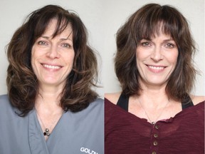 Cindy Hite is a 55-year-old retiree and wanted to update her style to feel fresh and vibrant. On the left is HIte before her makeover by Nadia Albano, on the right is her after. Photo courtesy of Nadia Albano.