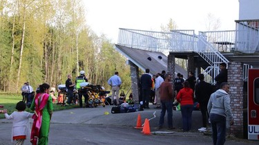 Emergency crews responded to multiple 911 calls from a Langley residence after a deck collapsed during a wedding party on April 19, 2019.