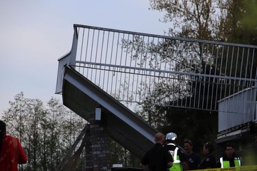 Emergency crews responded to multiple 911 calls from a Langley residence after a deck collapsed during a wedding party on April 19, 2019.
