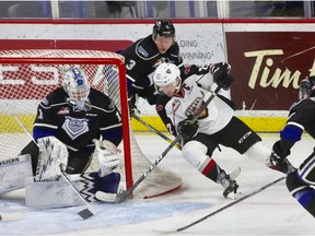 Vancouver Giants' captain Jared Dmytriw jams the puck into the goal against the Victoria Royals. Dmytriw and the Giants will face the Victoria Royals in a best-of-seven WHL playoff series starting Friday night at Langley Events Centre.