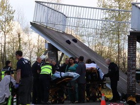 Emergency crews responded to multiple 911 calls from a Langley residence after a deck collapsed during a wedding party on April 19, 2019.