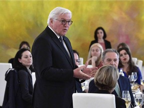 German President Frank-Walter Steinmeier addresses foreign correspondents during a reception for the Foreign Correspondents Association in Berlin on April 8, 2019.