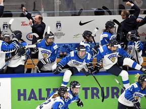 Players of Team Finland react after winning against Team Canada 2-4 during the IIHF Women's Ice Hockey World Championships semifinal match Canada vs Finland in Espoo, Finland on April 13, 2019. (Photo by Jussi Nukari / Lehtikuva / AFP) / Finland OUTJUSSI NUKARI/AFP/Getty Images