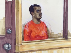 Nasradin Abdusamad Ali appeared in Vancouver provincial court on April 5, 2019. He is charged with arson and possession of incendiary material in relation to fires that sparked an evacuation at Vancouver’s Langara College, and robbery and assault. Court drawing by Felicity Don.