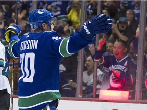 Vancouver Canucks Tanner Pearson faces the fans after scoring on the San Jose Sharks in the first period.