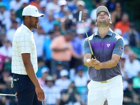 Corey Conners reacts to a putt on the 15th green during the third round of the Masters at Augusta National Golf Club on April 13, 2019 in Augusta. (Andrew Redington/Getty Images)