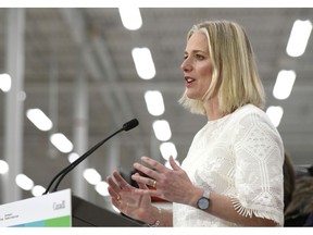 Minister of Environment and Climate Change Catherine McKenna speaks to reporters during a press conference on the Climate Action Incentive at a Canadian Tire store in Ottawa on Monday, March 4, 2019. Canada's greenhouse gas emissions edged up for the first time in three years in 2017, pushing the country even further away from its international climate change commitments.