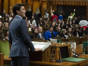 Prime Minister Justin Trudeau looks to the audience for a question following his speech to Daughters of the Vote in the House of Commons on Parliament Hill in Ottawa on April 3, 2019.