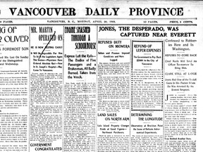 Vancouver Province front featuring the capture of "desperado" William Jones on April 20, 1903.