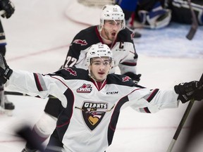 LANGLEY April 06 2019. Vancouver Giants #28 Lukas Svejkovsky celebrates his goal on the Victoria Royals in the second period of game 2, Round 2, of the WHL hockey playoffs at the Langley Event Centre, Langley April 06 2019. ( Gerry Kahrmann / PNG staff photo) 00056903B Story by Steve Ewen [PNG Merlin Archive]