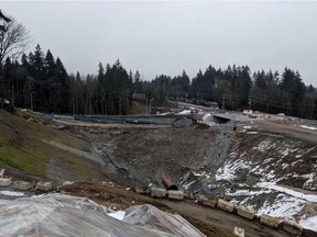 Crews work on the Highway 1 on-ramp and embankment construction as part of the Lower Lynn Improvement Project in North Vancouver.