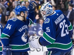 Vancouver Canucks Tyler Motte (left) and Jacob Markstrom celebrate after Vancouver defeated the Anaheim Ducks 4-0 during an NHL game in Vancouver on Feb. 25, 2019.