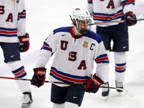 Top 2019 NHL Entry Draft prospect Jack Hughes, pictured in November 2018 with the United States in a pre-tournament warmup game for the world junior hockey championship.