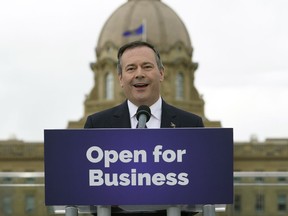 Alberta Premier-designate Jason Kenney speaks at a news conference outside the Alberta legislature.