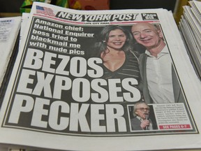 The New York Post with a headline referring to Jeff Bezos is photographed at a convenience store on February 8, 2019 in New York City. Jeff Bezos, CEO of Amazon is accusing the David J. Pecker, publisher of National Enquirer, the nations leading supermarket tabloid, of extortion and blackmail.
