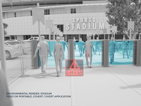 An artistic rendering showing how Liberty Defense Technologies might deploy the high-tech scanners it's developing at a sports stadium. The scanners, which use millimetre-wave radar, AI and 3D computer rendering, scan for potential weapons, explosive devices or other threats on people passing through the devices.