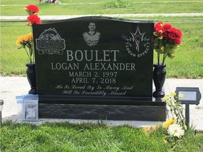 The monument to Humboldt Broncos player Logan Boulet, one of 16 who died in the bus crash in April of 2018. The monument carries symbols for the hockey team and for organ donation.
