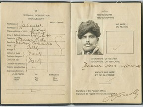 Canadian passort of Narain Singh Dosanjh, who immigrated to Canada in 1907 from the Punjab in India. He lived in Fraser Mills, which is now part of Coquitlam. Dosanjh family collection. For Nick Eagland [PNG Merlin Archive]