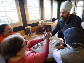 Federal NDP leader Jagmeet Singh greets supporters prior to an announcement in Coquitlam on Monday, April 1, 2019.