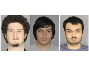 This combination of three Jan. 22, 2019, photos released by the Greece, N.Y., Police Department shows from left, Brian Colaneri, Andrew Crysel and Vincent Vetromile. Authorities said the three men, along with a 16-year old, were charged with plotting to attack a rural upstate New York Muslim community. (Greece Police Department via AP)