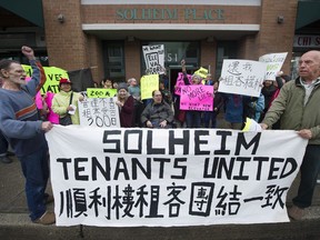 Residents of the nine-storey Solheim Place apartment building in Vancouver protest the lack of action on the part of their landlord, SUCCESS, to fix broken elevators on April 13, 2019.