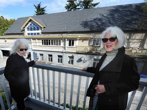 Judy Osburn, left, is a Kitsilano resident opposed to a proposed apartment building in her neighbourhood, with Sophie Dikeakos outside Tenth Church in Vancouver.