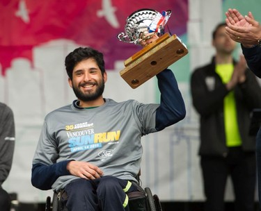 Balraj Zimich of North Vancouver was the first wheelchair athlete to cross the finish line at the 35th annual Vancouver Sun Run in Vancouver on Sunday, April 14, 2019.
