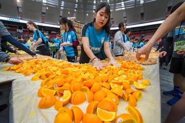Orange slices by the thousands (at least!) are prepped for the runners inside B.C. Place Stadium at the 35th annual Vancouver Sun Run on Sunday, April 14, 2019.