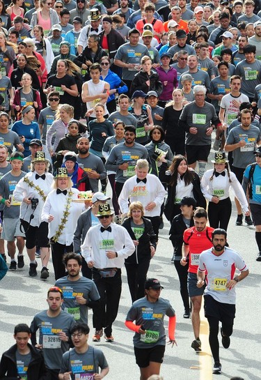 Racers (and servers, evidently) near the starting line of the 2019 Sun Run on Georgia Street in downtown Vancouver on Sunday, April 14, 2019.